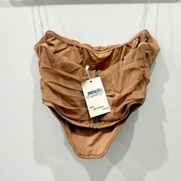 superdown Savannah Strapless Ruched Mesh Cropped Corset Top Nude Women's Size M - Picture 3 of 5